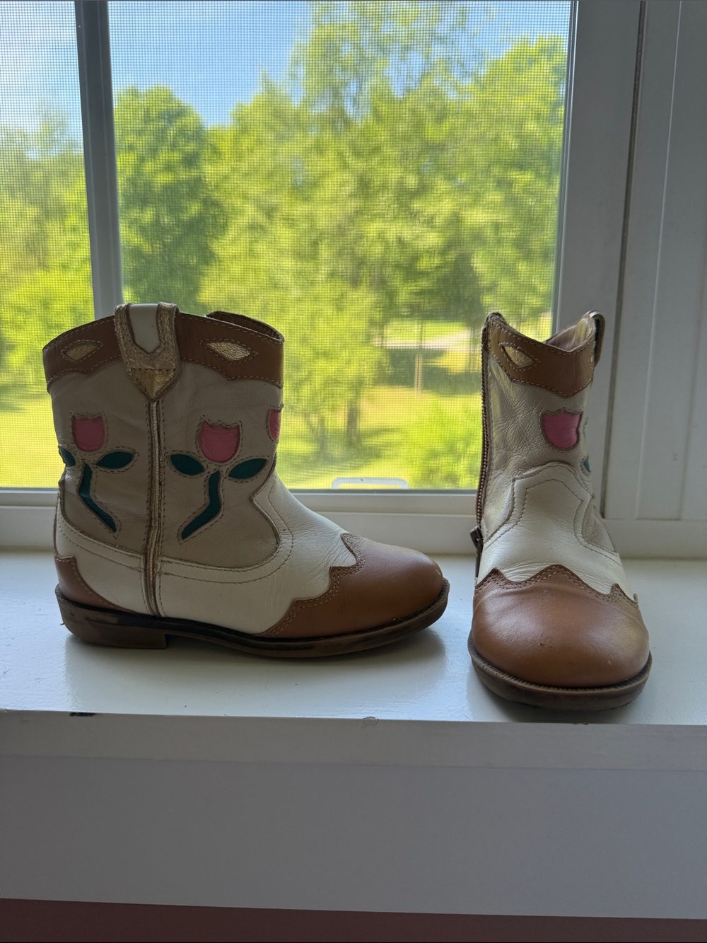 Zara Kids Cream and Brown Western Boots with Pink Flower Accents